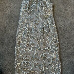 Adrianna Papell Silver Floral Embellished Evening Dress